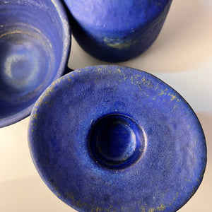 Set: Vase, Kerzenständer & Schale blau von Majolika Keramik Manufaktur