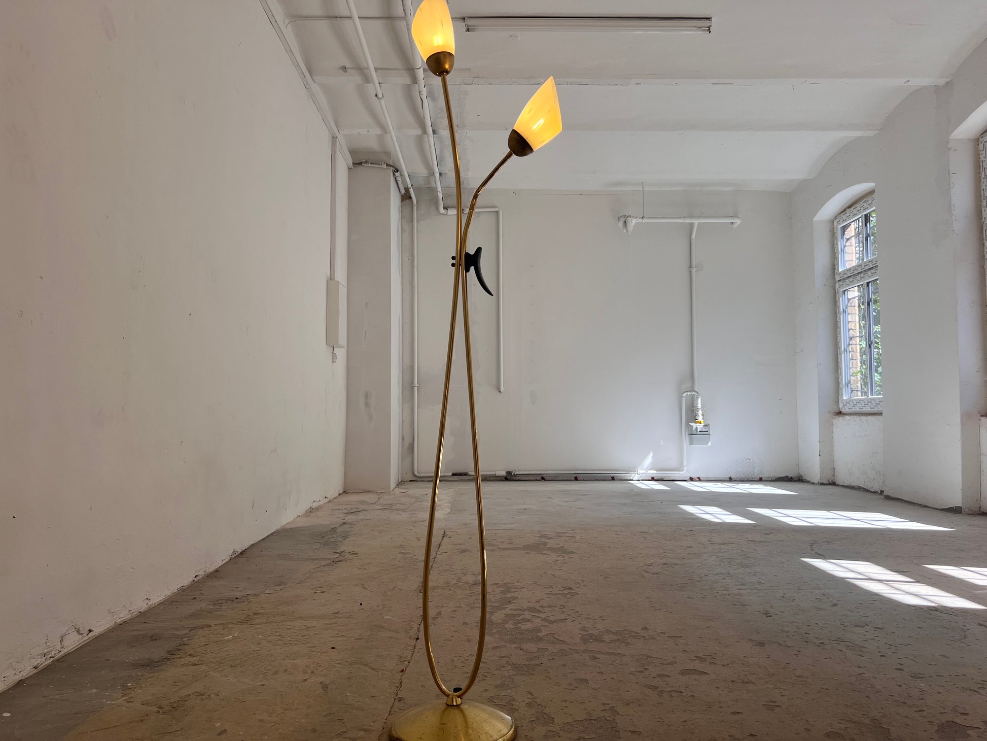 Stehlampe mit zwei Schwanenhalsarmen Messing