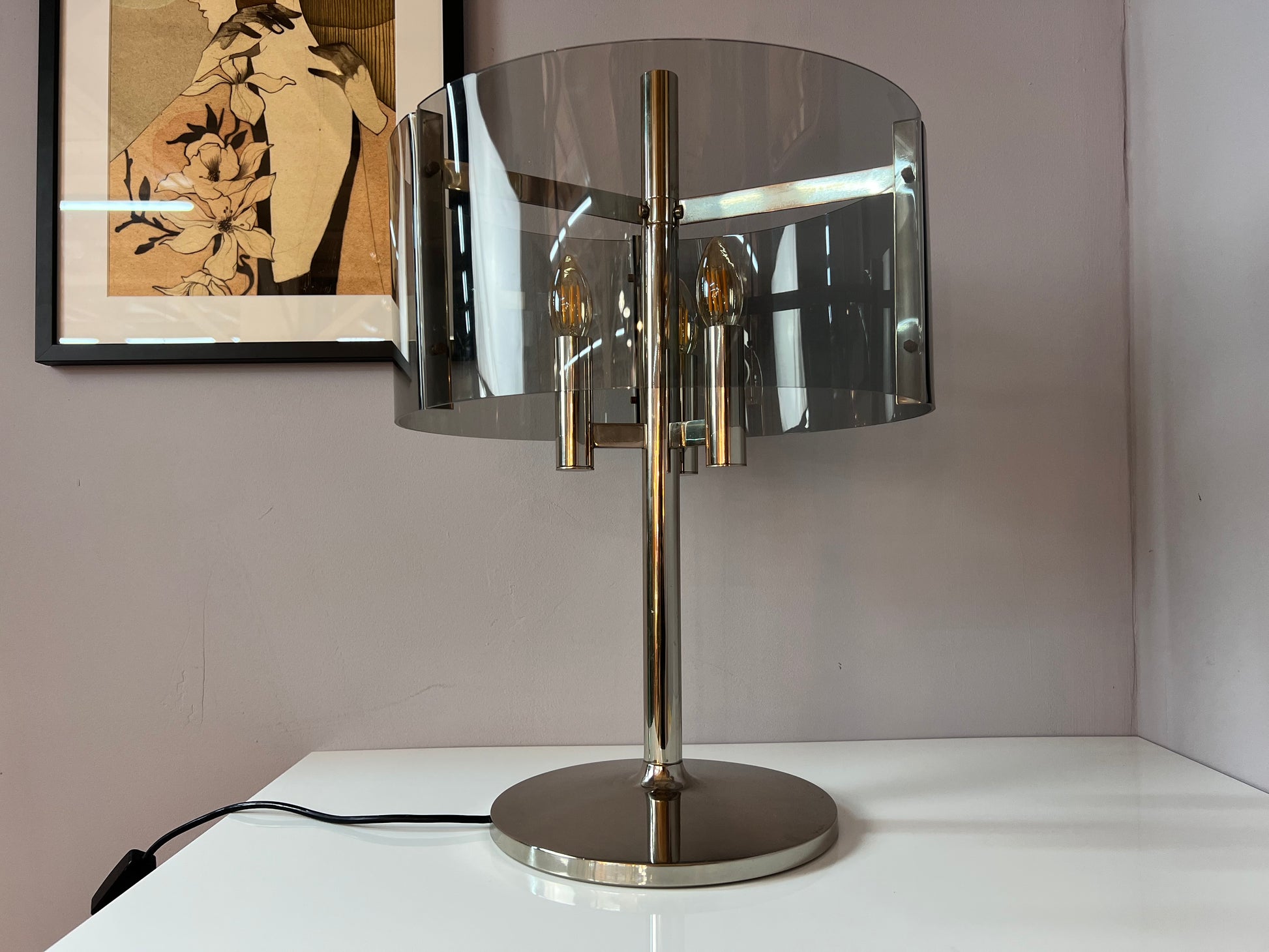 Tischlampe Chrom & Rauchacryl