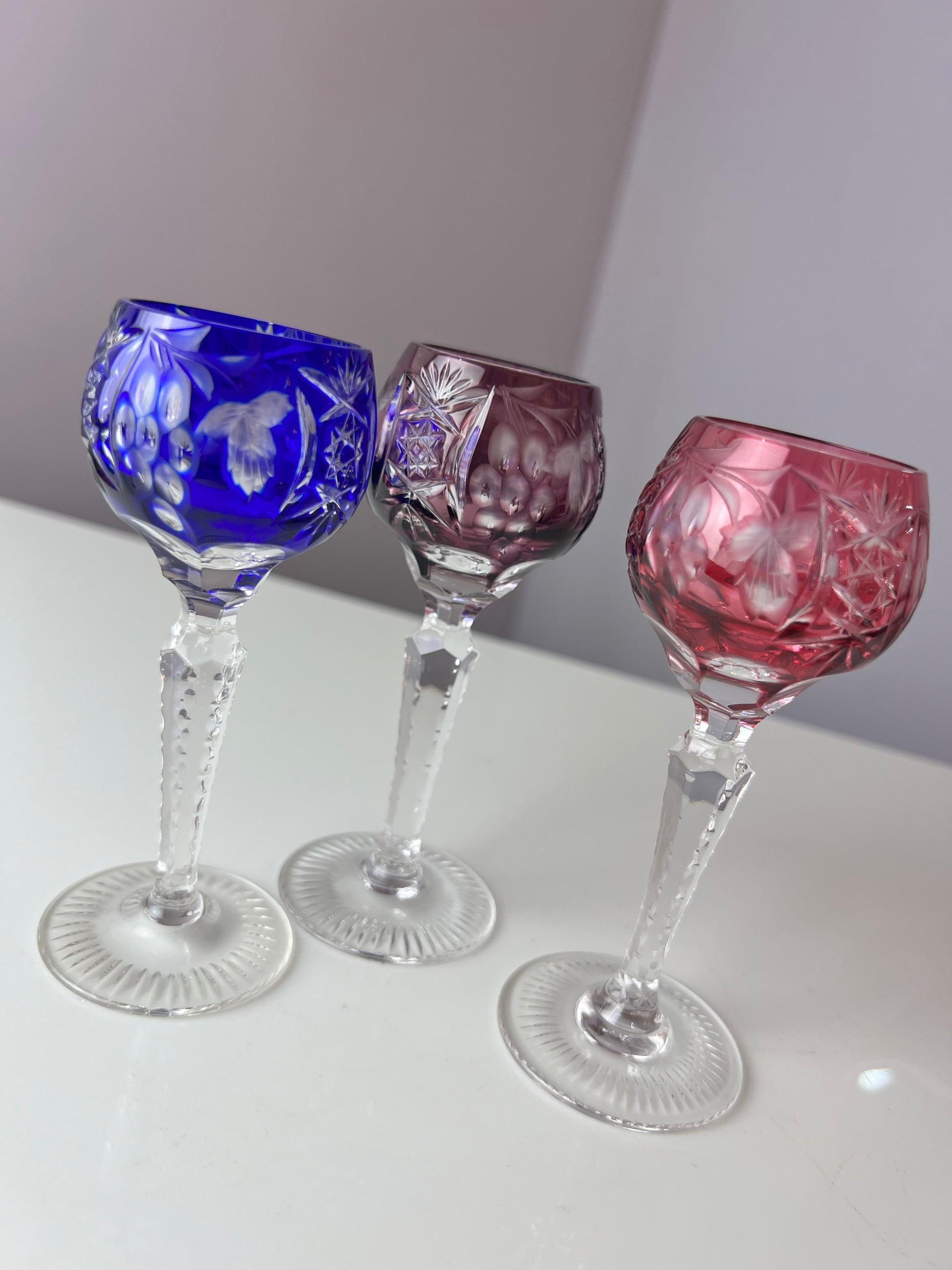 Set: 3x Römer Likörglas blau pink Kristallglas