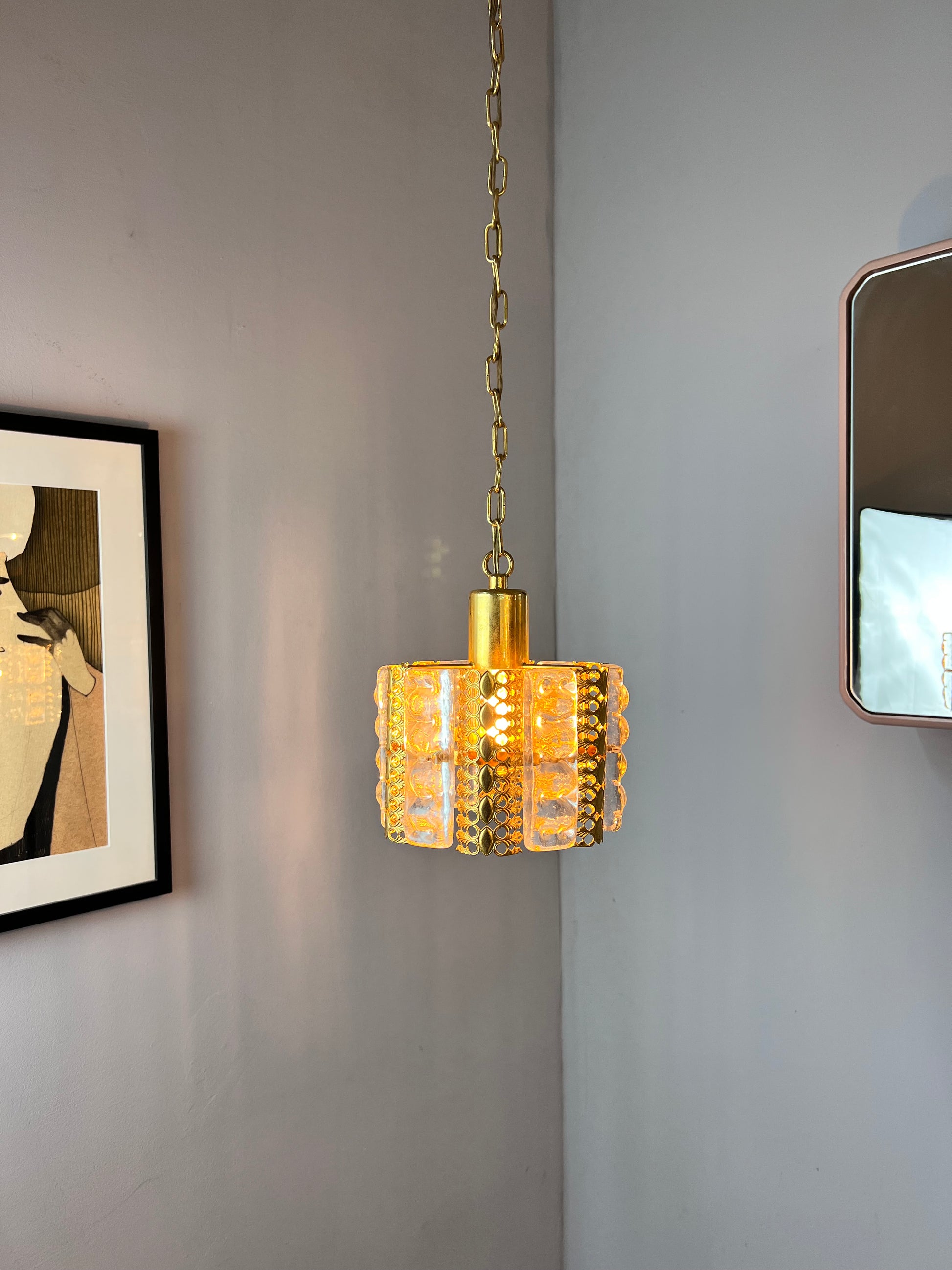 Hängelampe Glas Messing von Carl Fagerlund für Orrefors