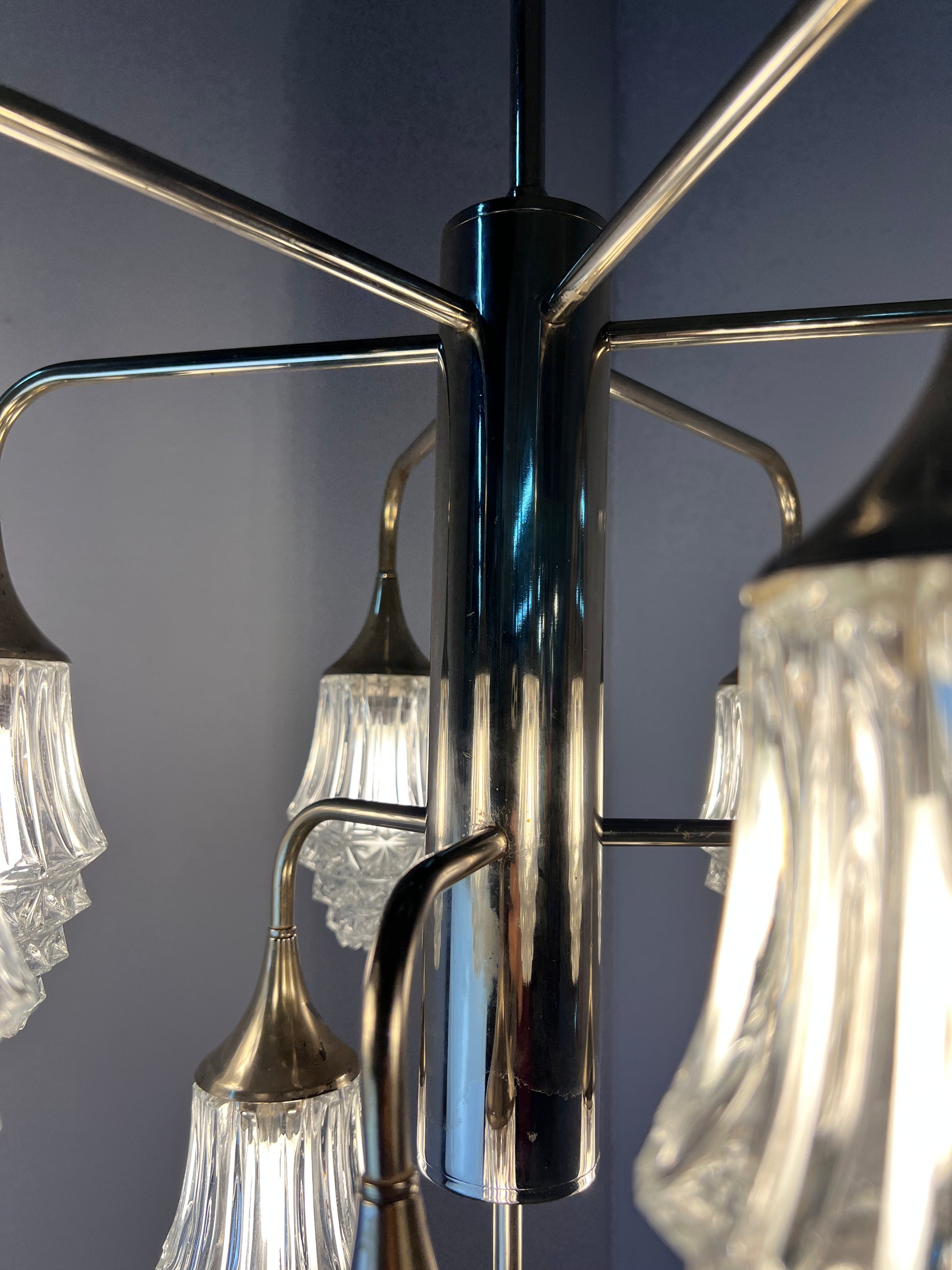 10-flammiger Kronleuchter Glas Chrom von Richard Essig