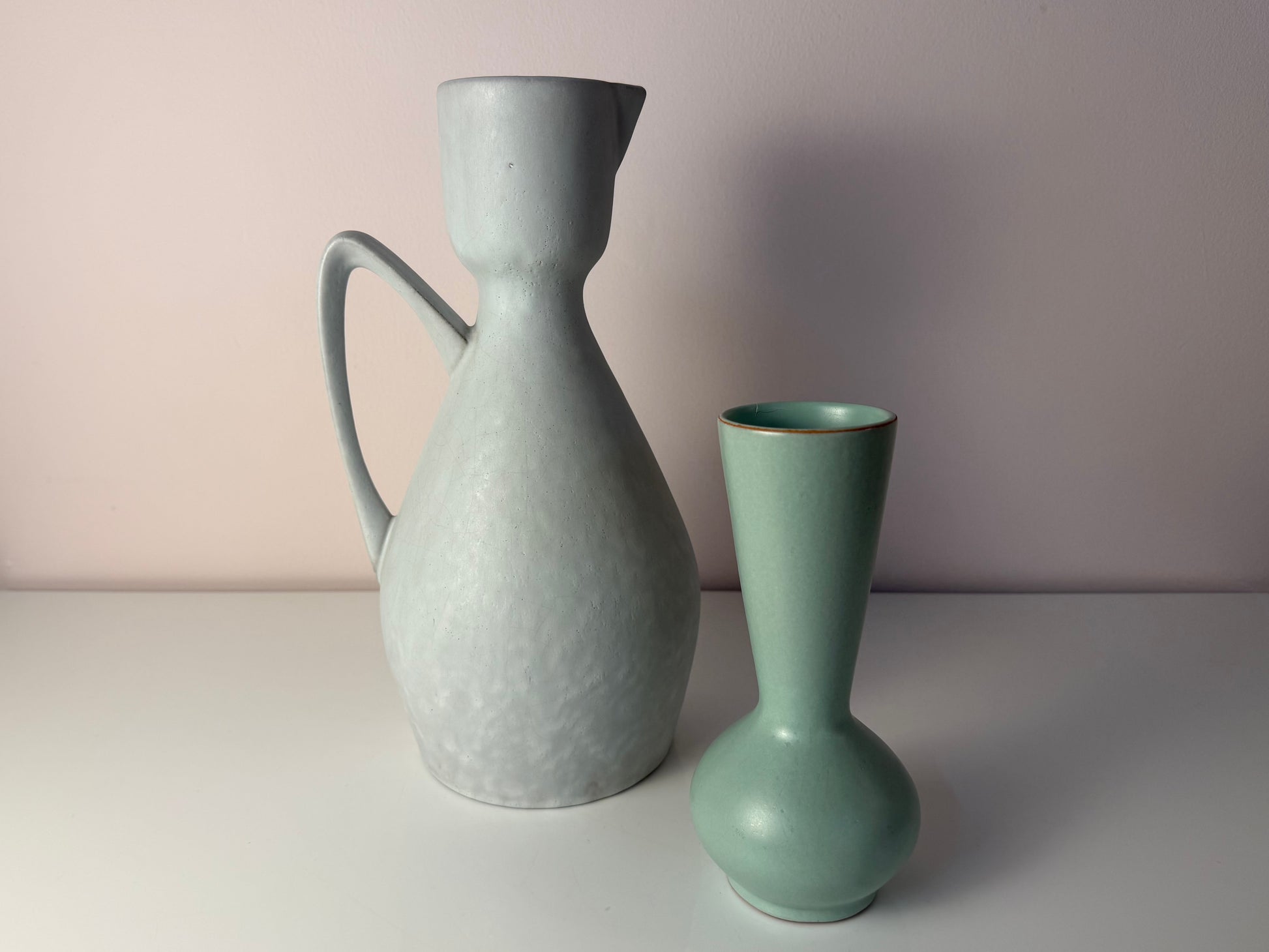 Set: Vase und Karaffe mintgrün weiß Keramik aus Westdeutschland