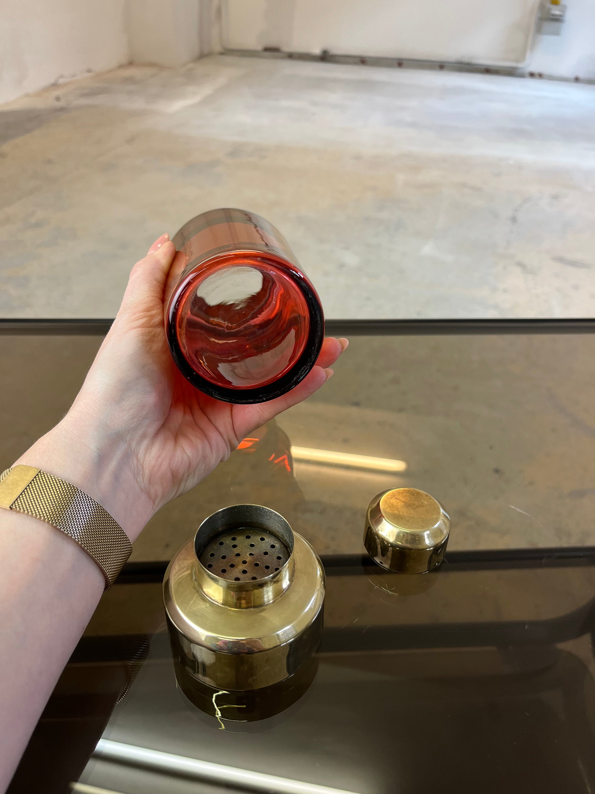 Set: Eiseimer & Cocktailshaker rot Glas Messing von Füger-Glas