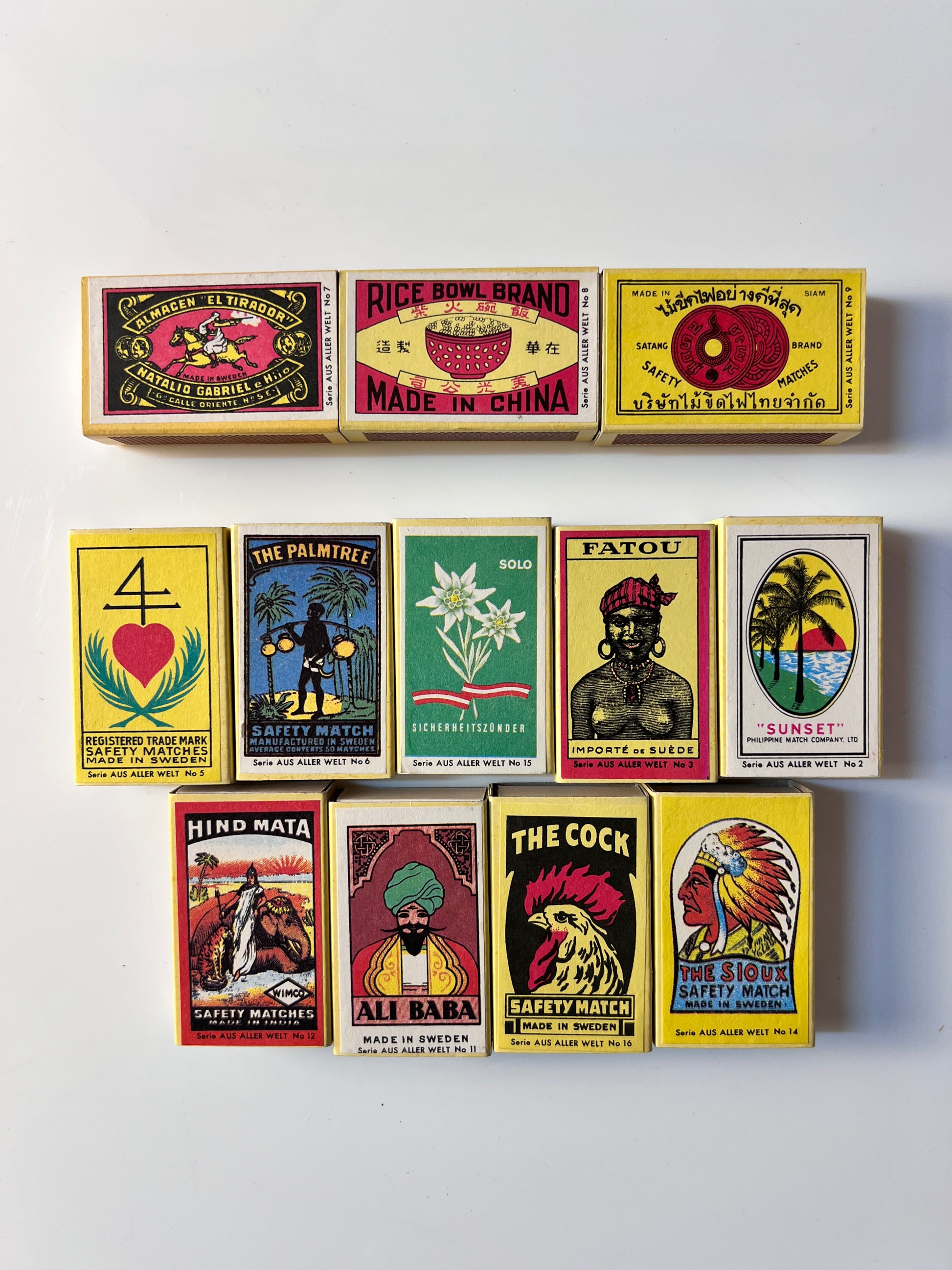 Set: Vintage Streichhölzer Sirius Etiketten aus aller Welt
