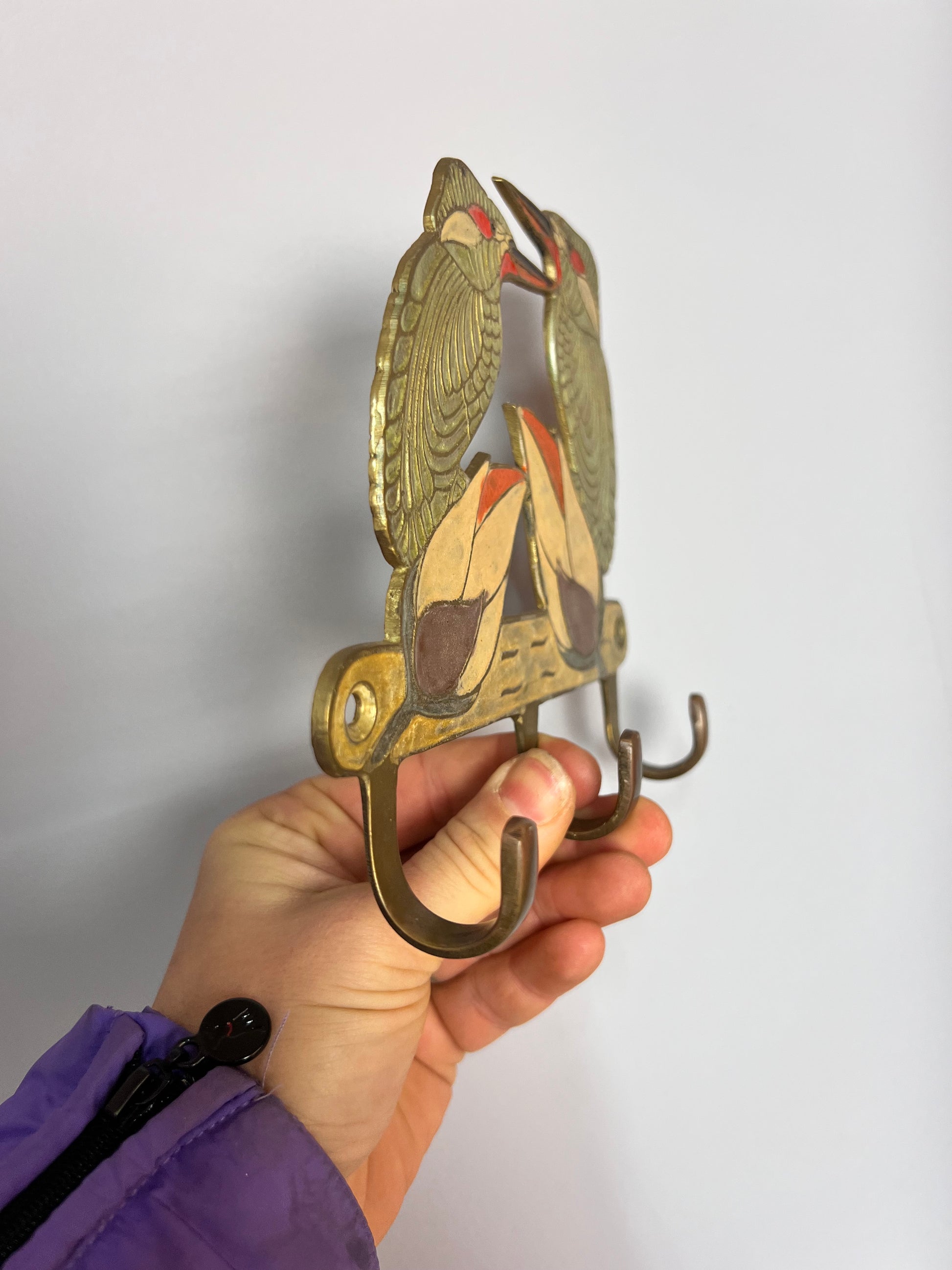Handbemalte Messing Garderobe Eisvögel 50er Jahre