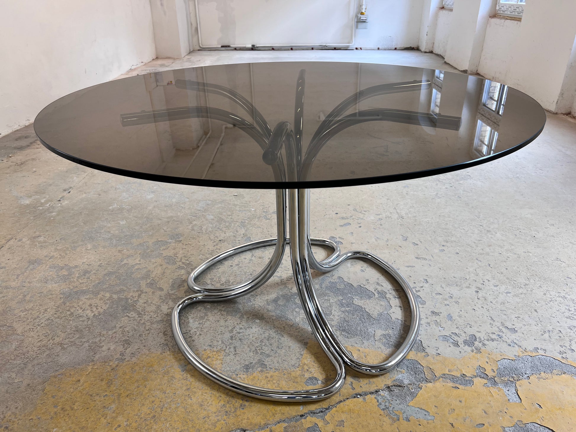 Runder Esstisch Rauchglas & Chrom von Gastone Rinaldi für Rima