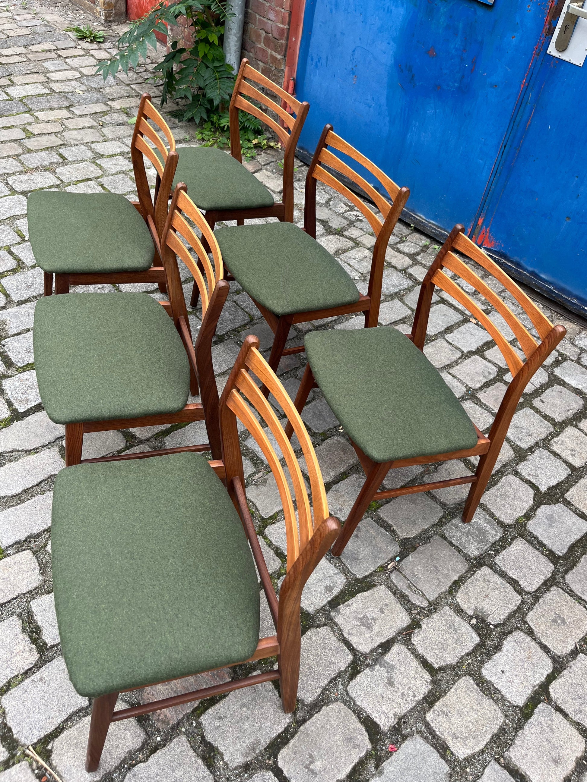 Set: 6x Esszimmerstuhl grün Teak neu gepolstert