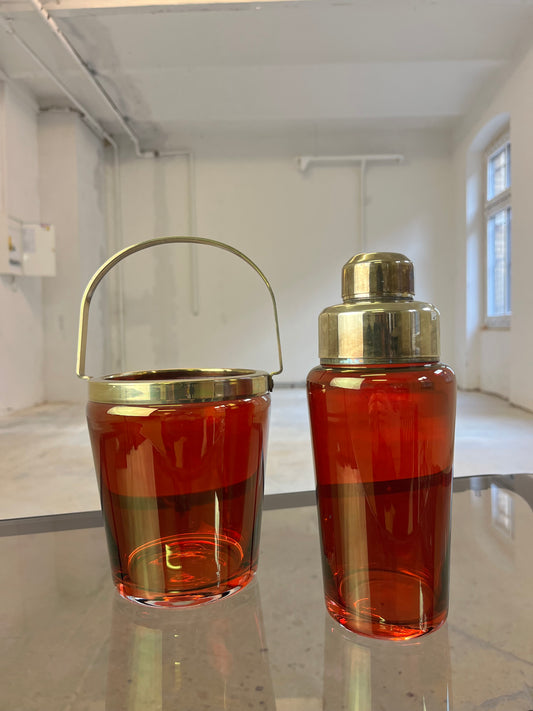 Set: Eiseimer & Cocktailshaker rot Glas Messing von Füger-Glas