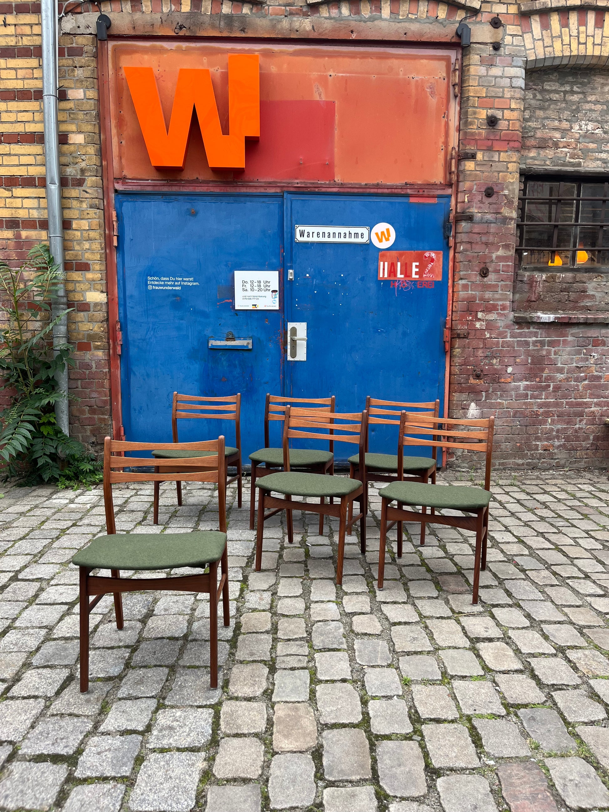 Set: 6x Esszimmerstuhl grün Teak neu gepolstert