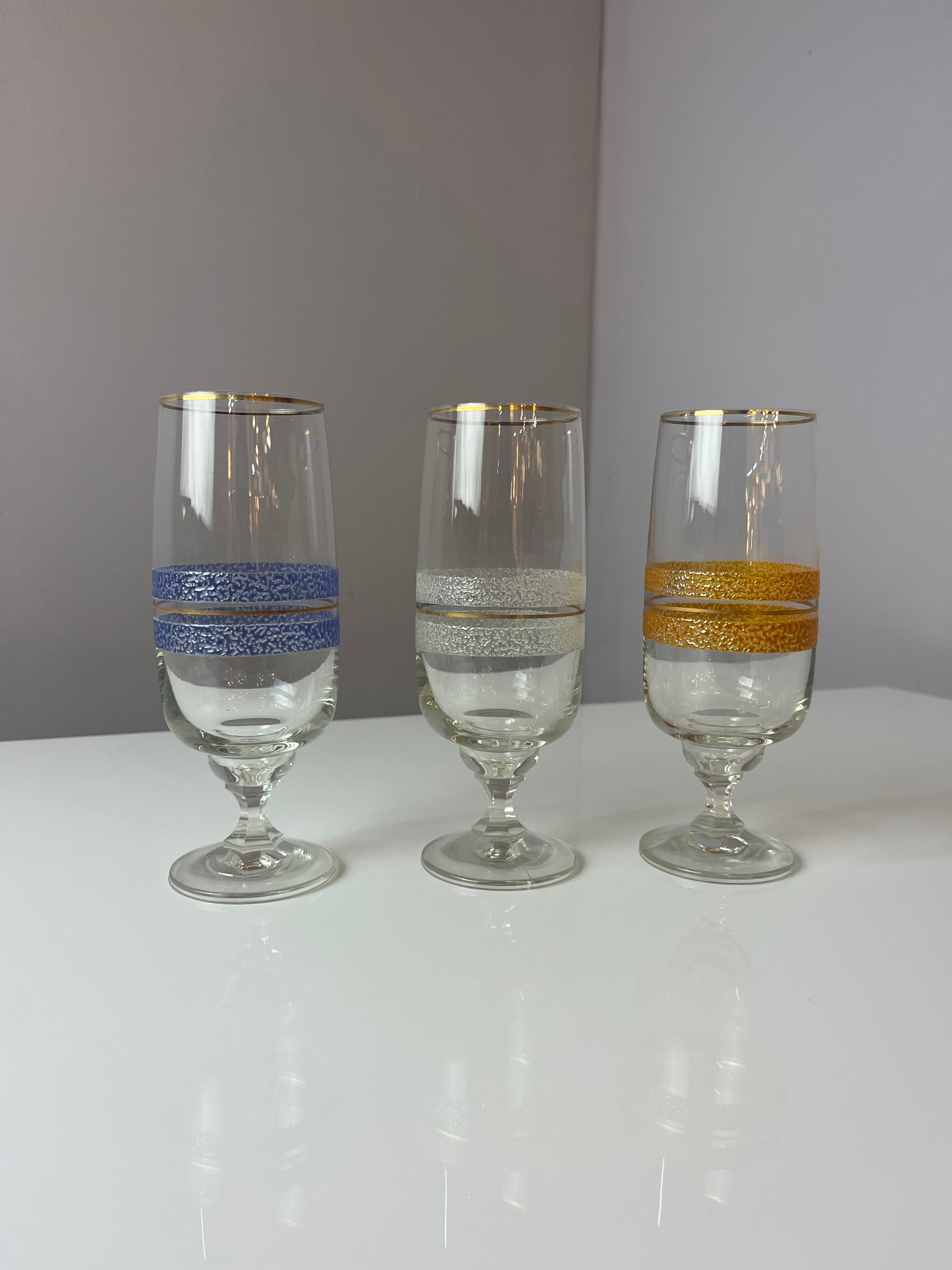 Set: 3x Sektglas blau weiß orange mit Goldrand