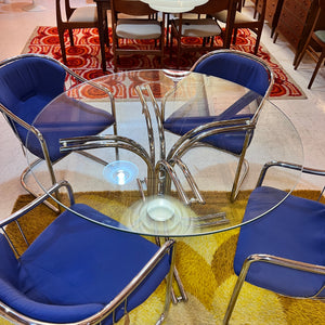 Set: 4x Freischwinger Chrom blau und runder Glastisch von Gastone Rinaldi für Alma