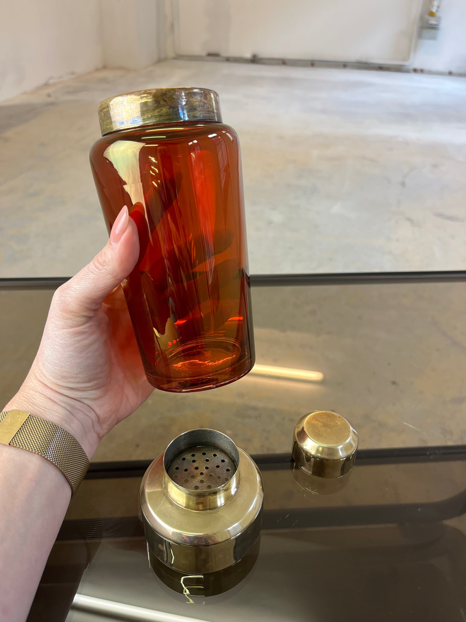 Set: Eiseimer & Cocktailshaker rot Glas Messing von Füger-Glas