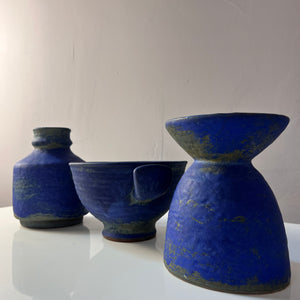 Set: Vase, Kerzenständer & Schale blau von Majolika Keramik Manufaktur