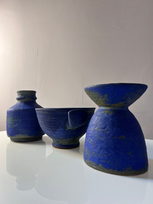 Set: Vase, Kerzenständer & Schale blau von Majolika Keramik Manufaktur