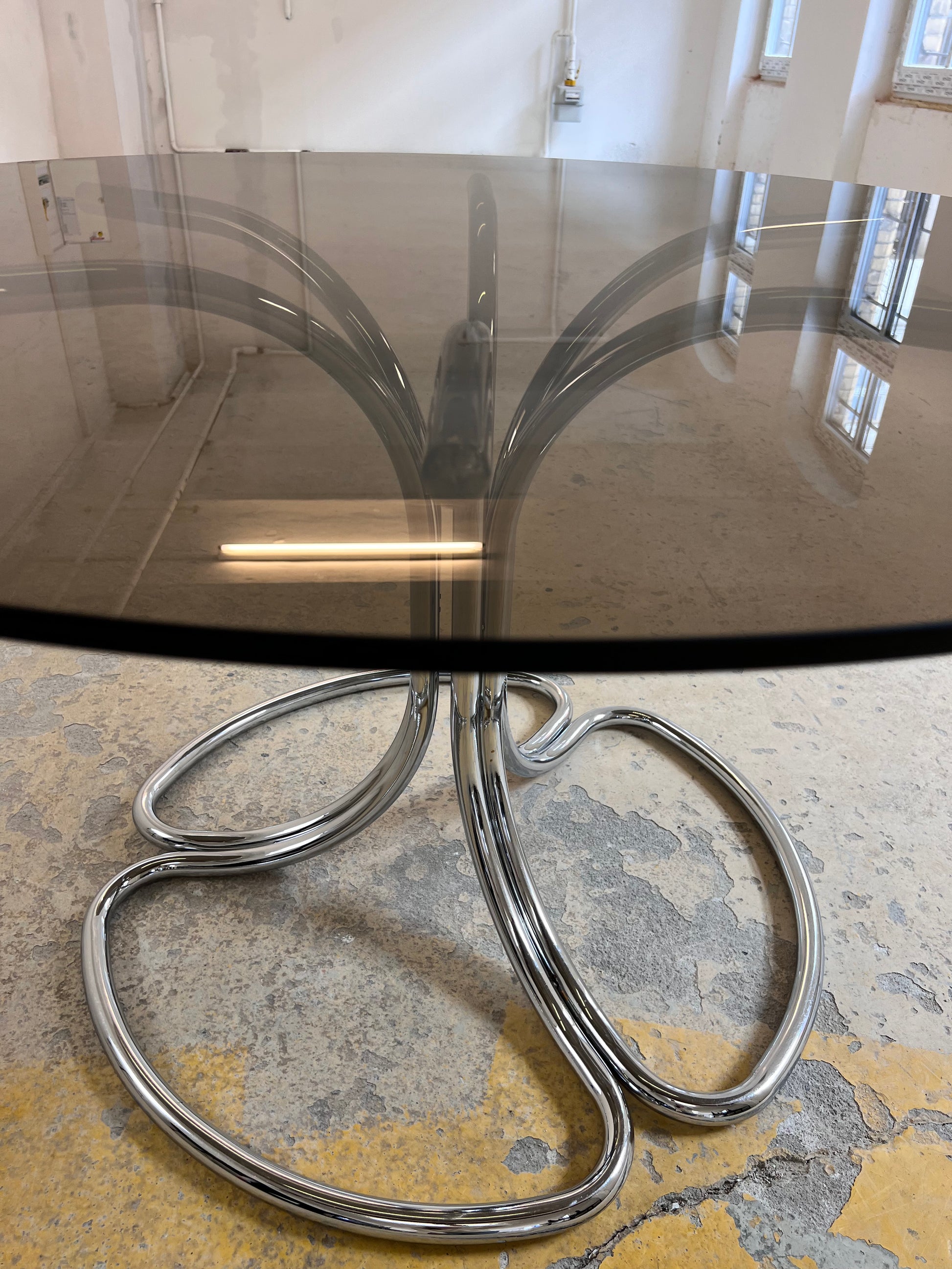 Runder Esstisch Rauchglas & Chrom von Gastone Rinaldi für Rima