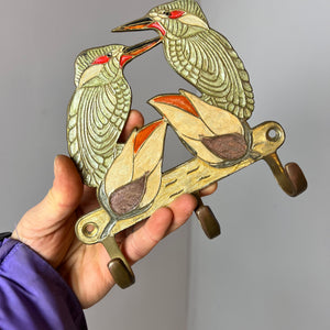 Handbemalte Messing Garderobe Eisvögel 50er Jahre