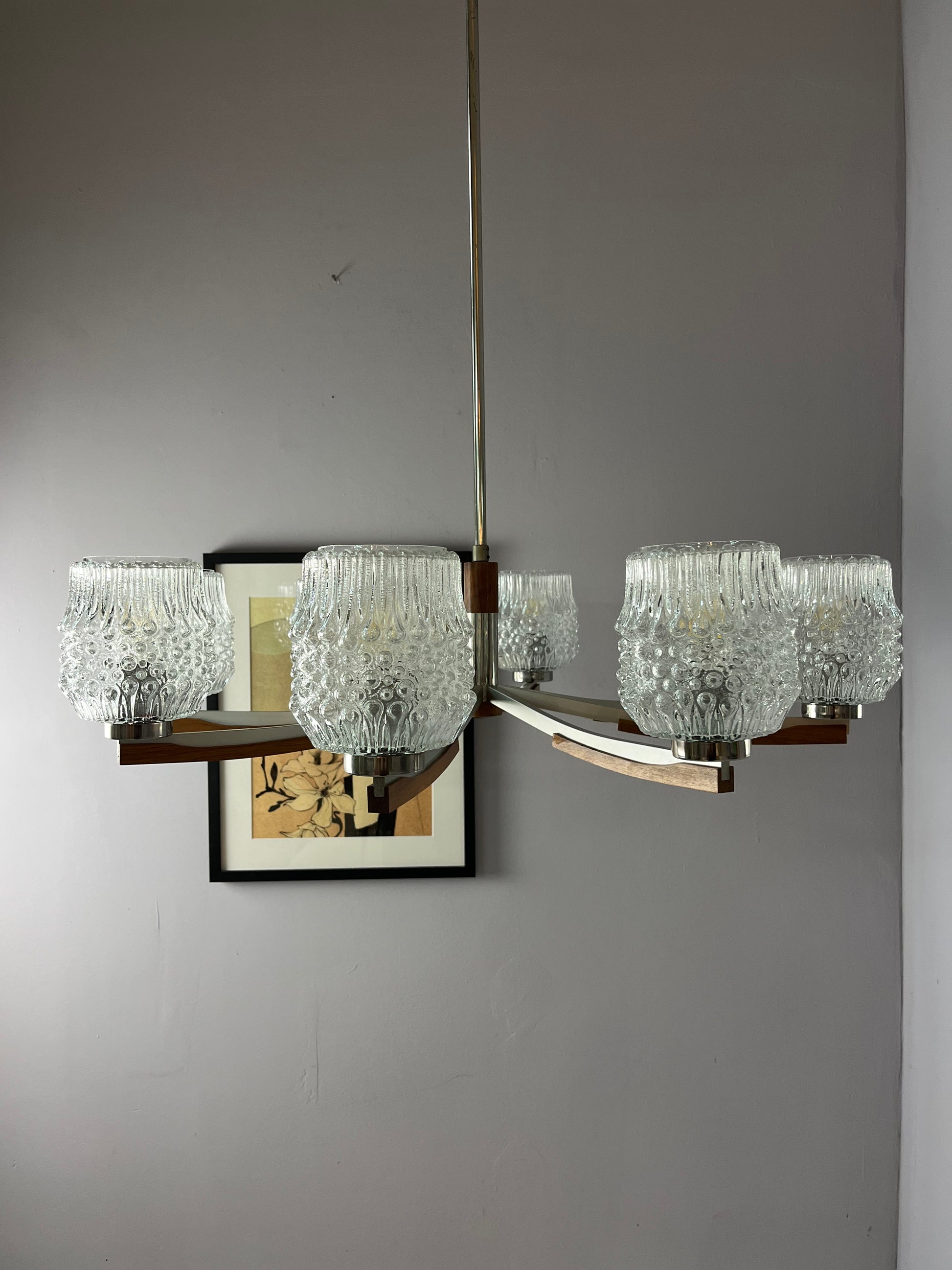 Kronleuchter Teak Metall Bubbleglas