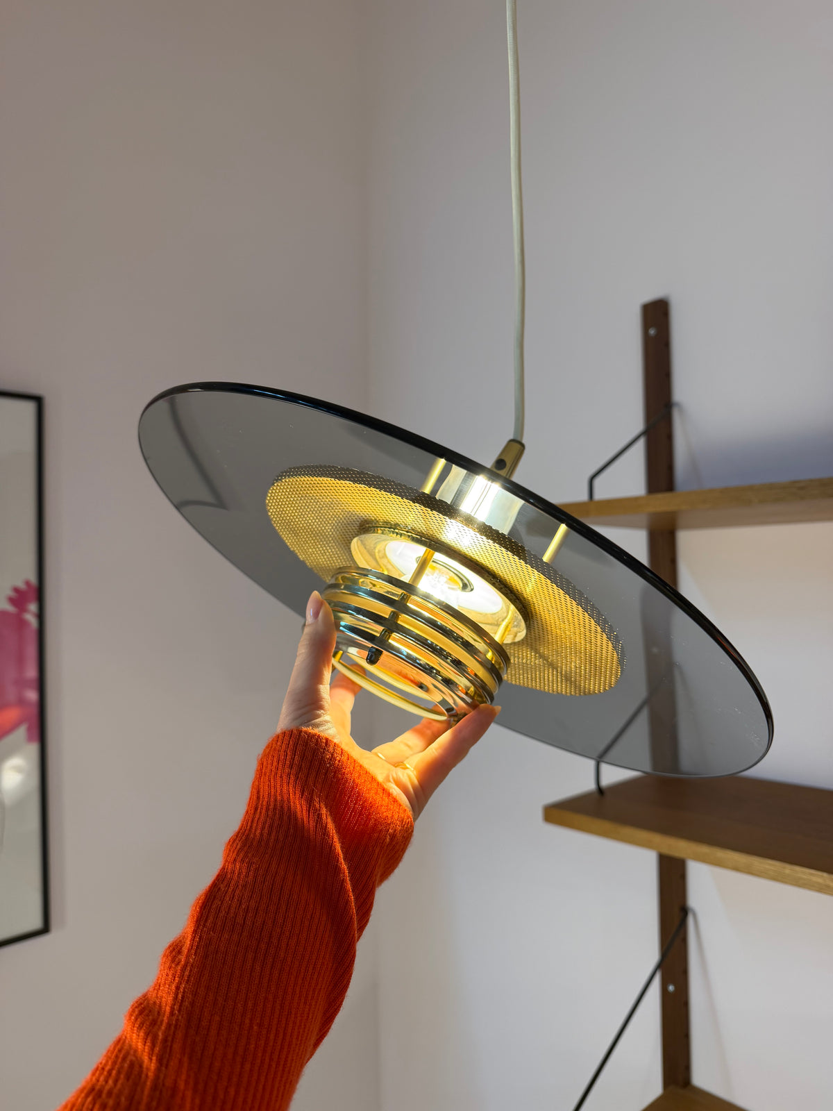 Hängelampe Rauchglas Messing von Jan Eskil Eskilsson für Belid
