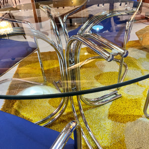 Set: 4x Freischwinger Chrom blau und runder Glastisch von Gastone Rinaldi für Alma