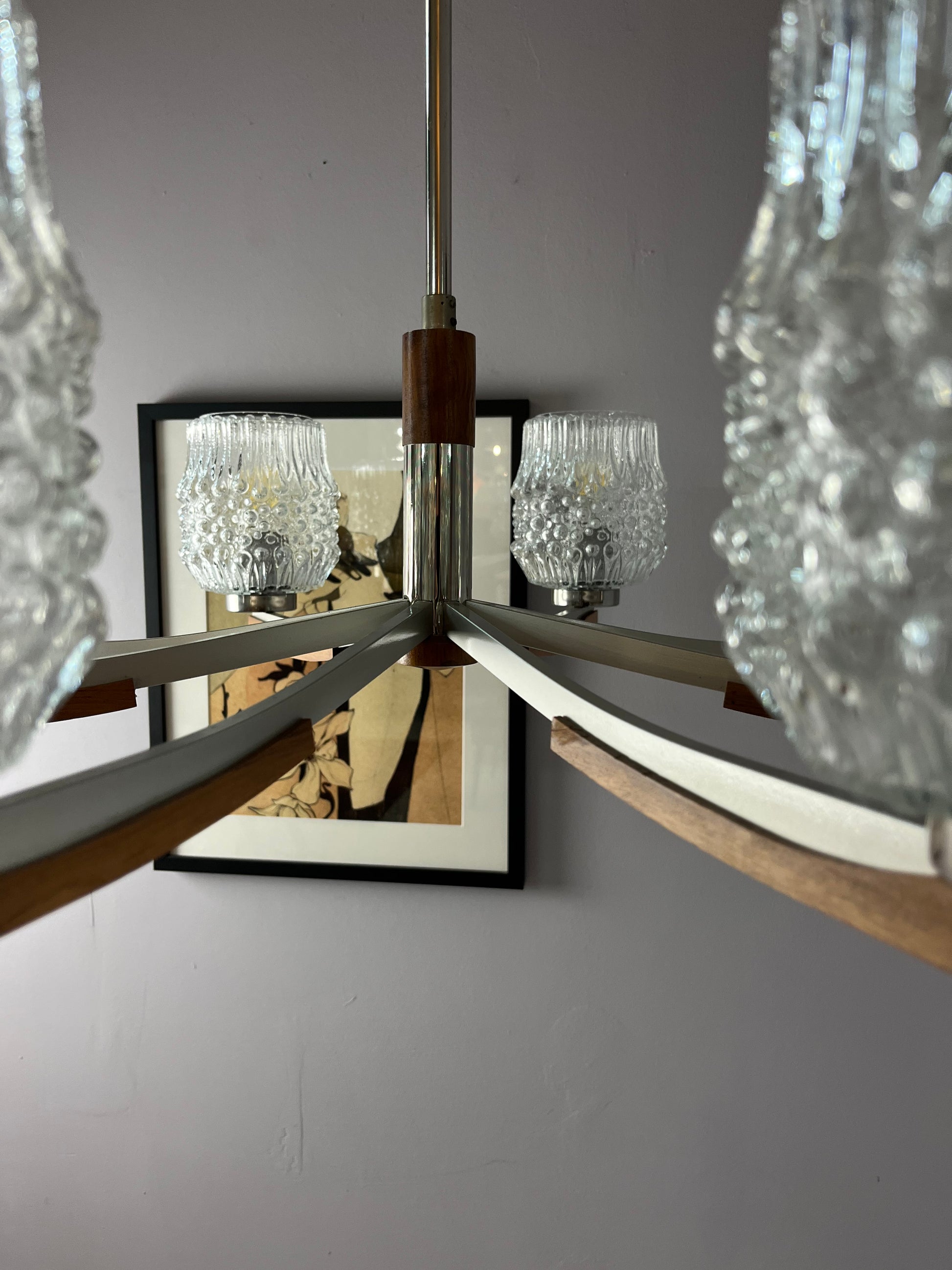 Kronleuchter Teak Metall Bubbleglas