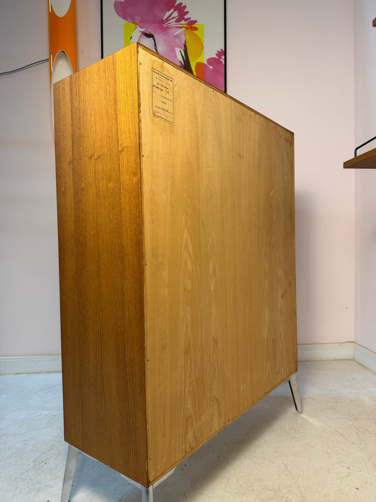 Schrank Teak mit Schloss & neuen Chromfüßen von Heinrich Riestenpatt
