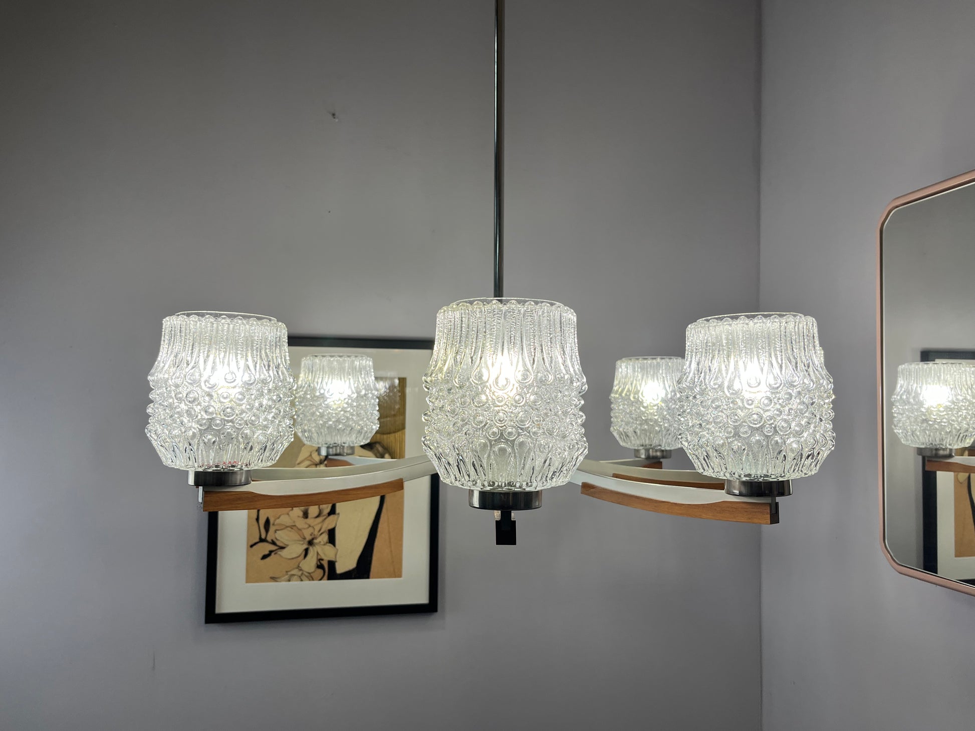 Kronleuchter Teak Metall Bubbleglas