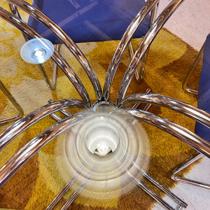 Set: 4x Freischwinger Chrom blau und runder Glastisch von Gastone Rinaldi für Alma