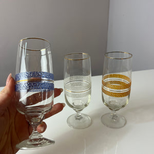 Set: 3x Sektglas blau weiß orange mit Goldrand