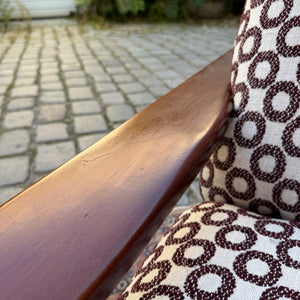 Sessel Mahagoni neu gepolstert mit aubergine Kreismuster