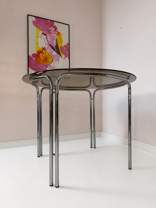 Esstisch Chrom und Rauchglas rund
