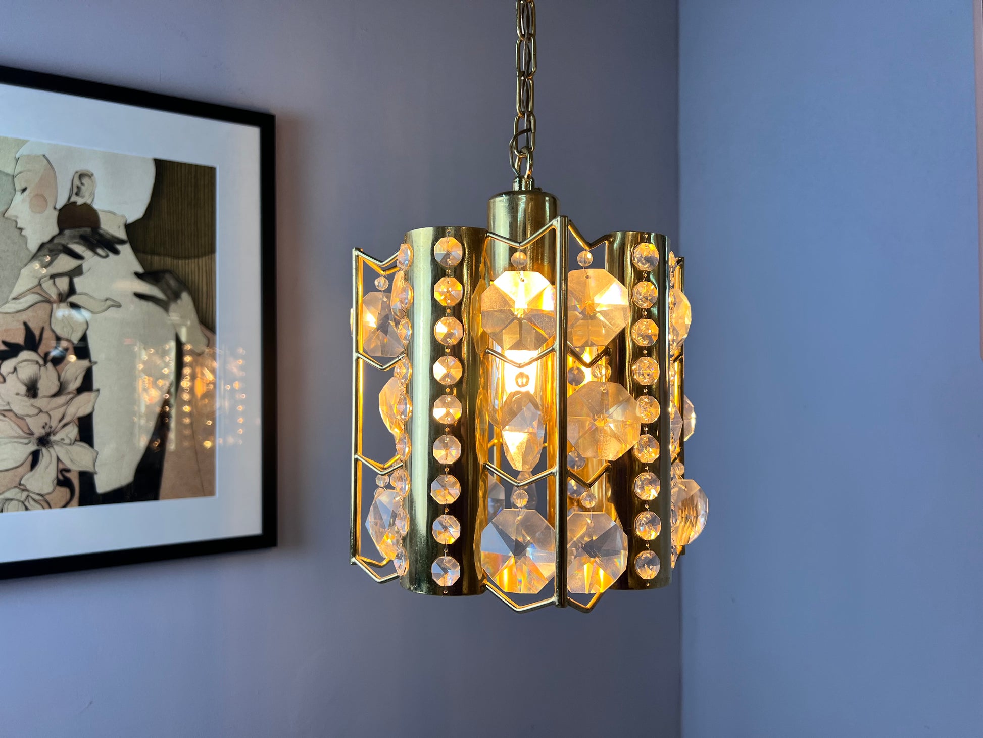 Hängelampe Messing Kristalle von Palwa