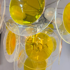 Kronleuchter gelb silber mit Plexiglas-Scheiben