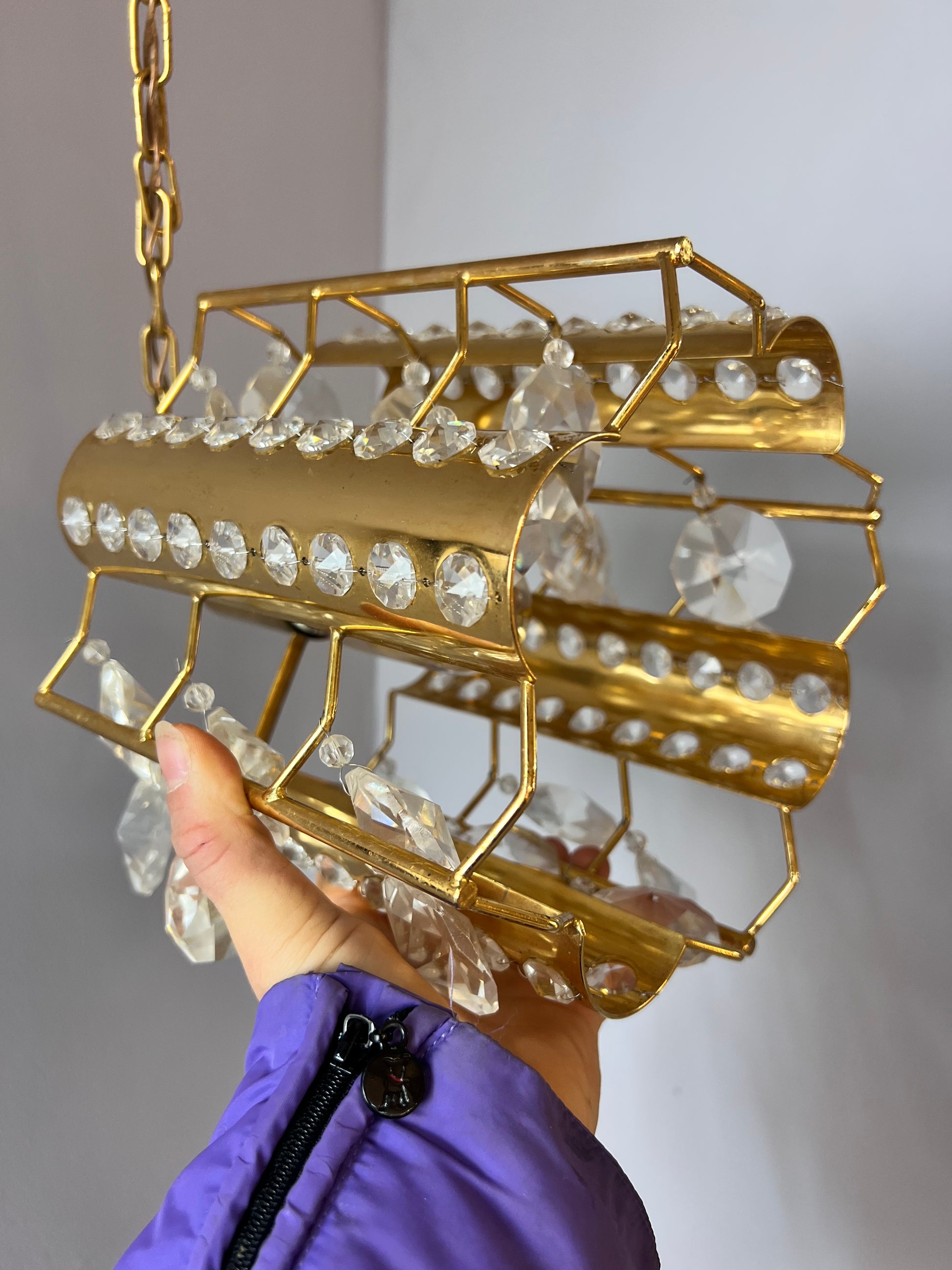 Hängelampe Messing Kristalle von Palwa