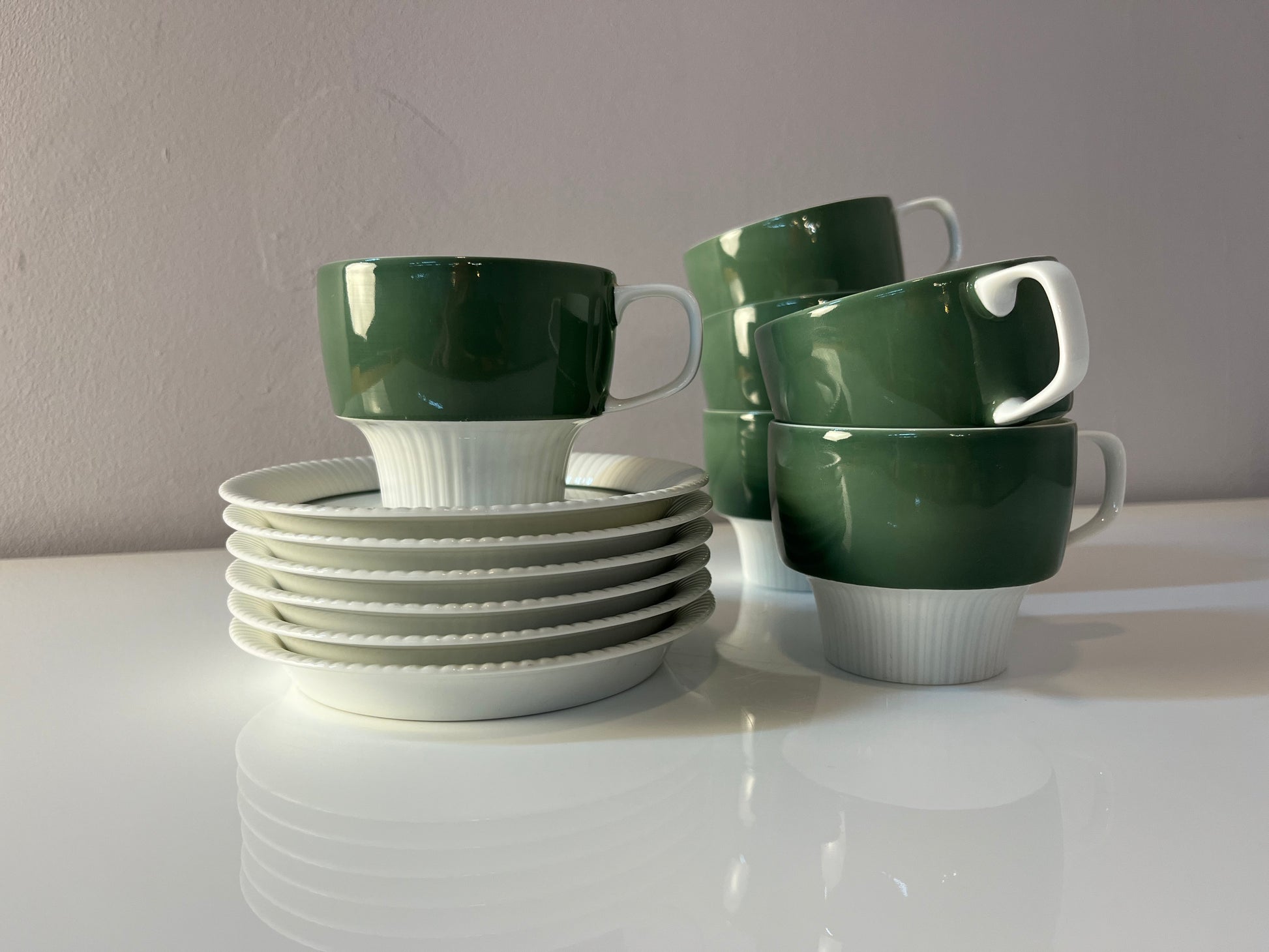 Set: 6x Kaffeetasse mit Untertasse Modulation Secunda grün von Tapio Wirkkala für Rosenthal