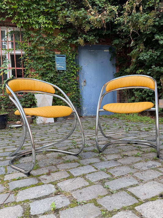Freischwinger gelb Flechtoptik neu gepolster Leder Chrom