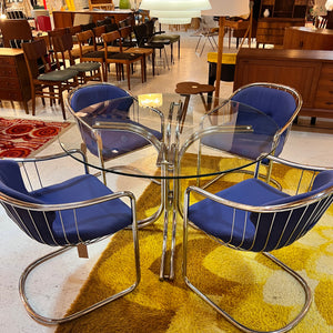 Set: 4x Freischwinger Chrom blau und runder Glastisch von Gastone Rinaldi für Alma