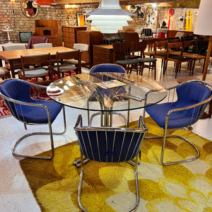 Set: 4x Freischwinger Chrom blau und runder Glastisch von Gastone Rinaldi für Alma