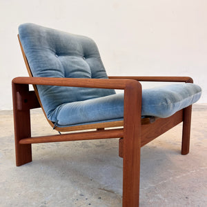 Sessel Loungechair blauer Samt und Teak