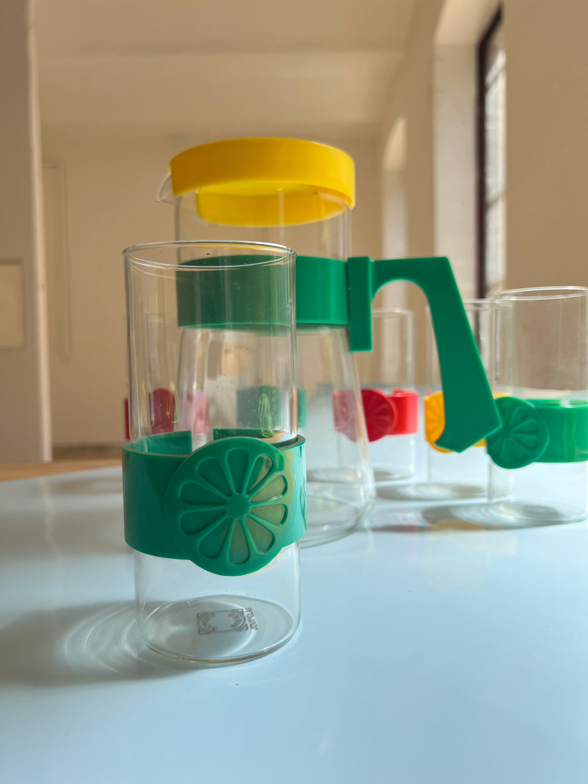 Set: Karaffe und 6 Gläser von Schott Jena 70er