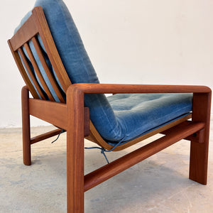 Sessel Loungechair blauer Samt und Teak