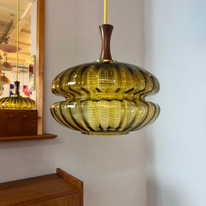 Hängelampe Glas und Teak aus Dänemark