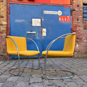 Freischwinger „Lens“ senfgelb Cord & Chrom von Giovanni Offredi für Saporiti Italia