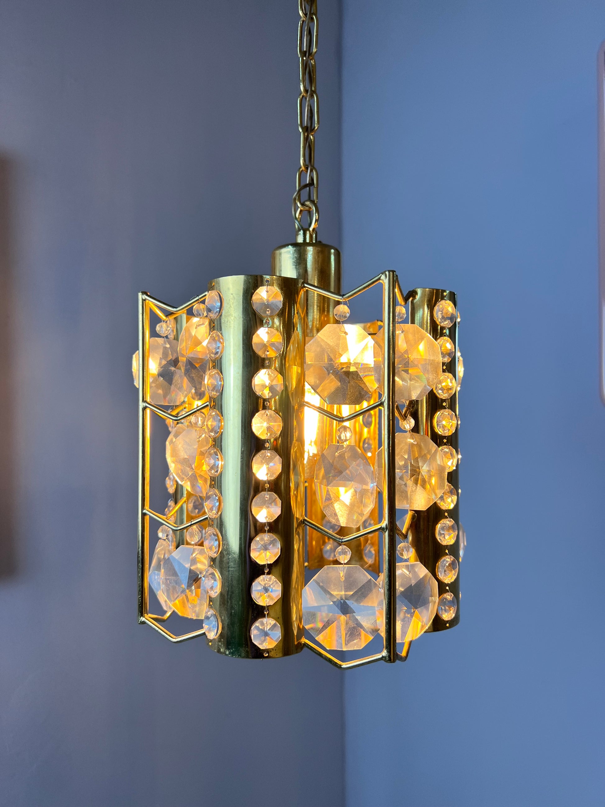 Hängelampe Messing Kristalle von Palwa