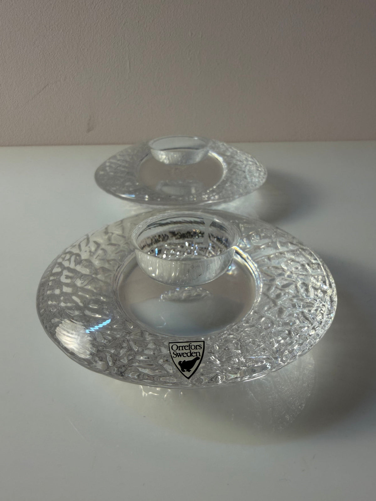 Set: 2x Diskus Kerzenhalter Kristallglas von Lars Hellsten für Orrefors