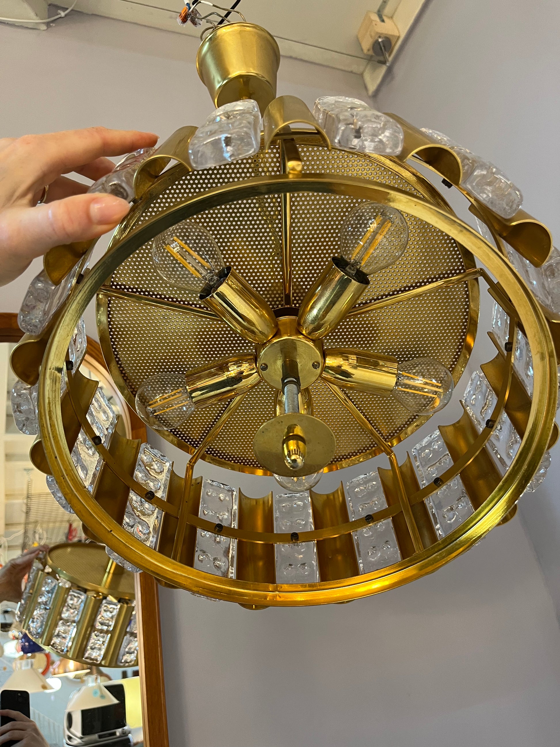 Hängelampe Messing Glas von Carl Fagerlund für Orrefors