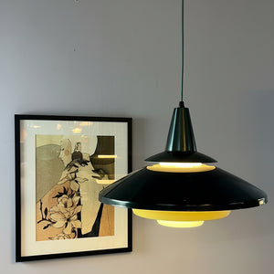 Lamellenlampe dunkelgrün gelb mit Opalglasschirm