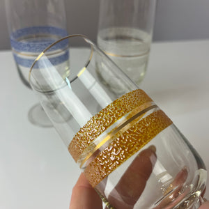 Set: 3x Sektglas blau weiß orange mit Goldrand