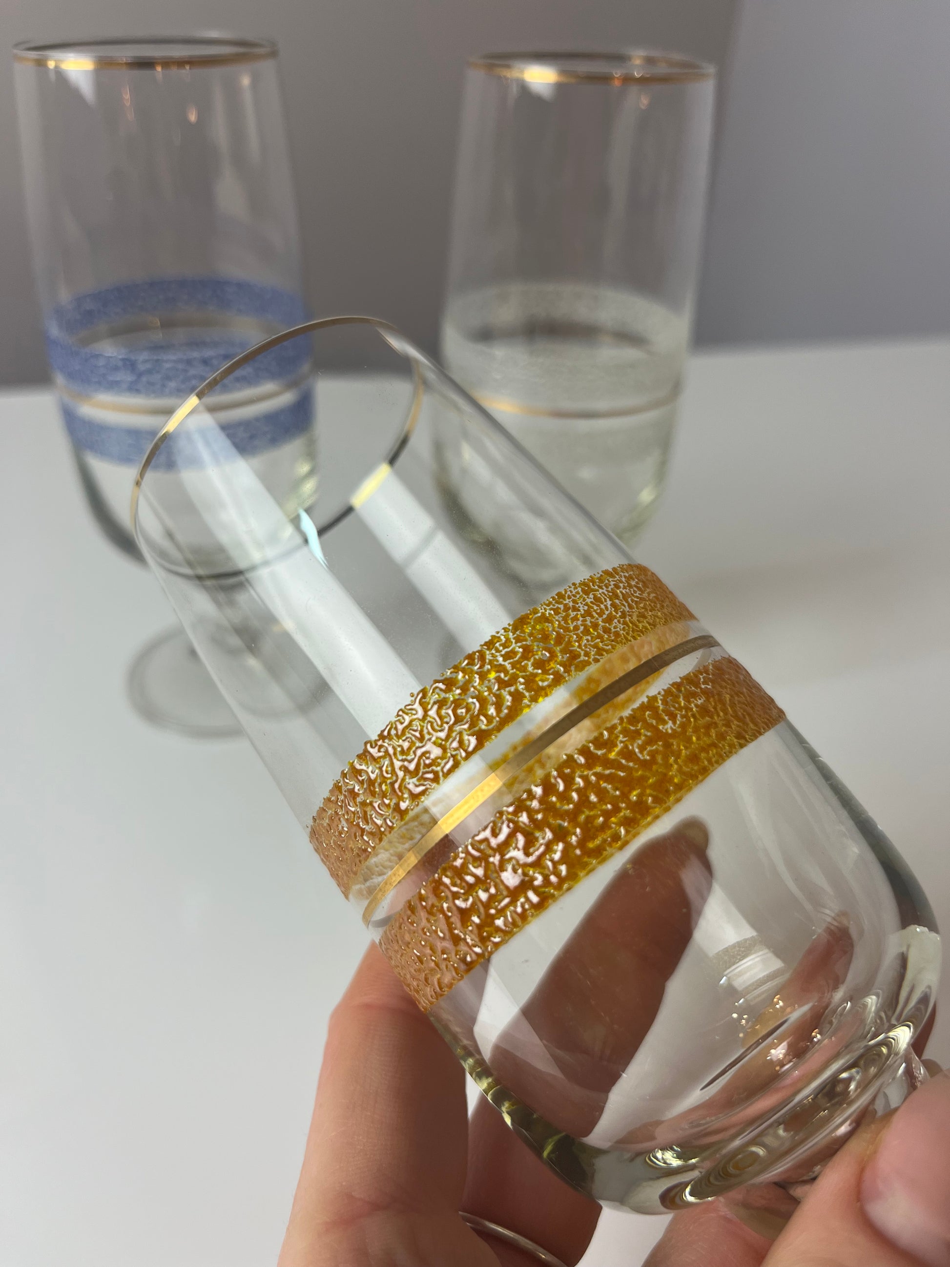 Set: 3x Sektglas blau weiß orange mit Goldrand