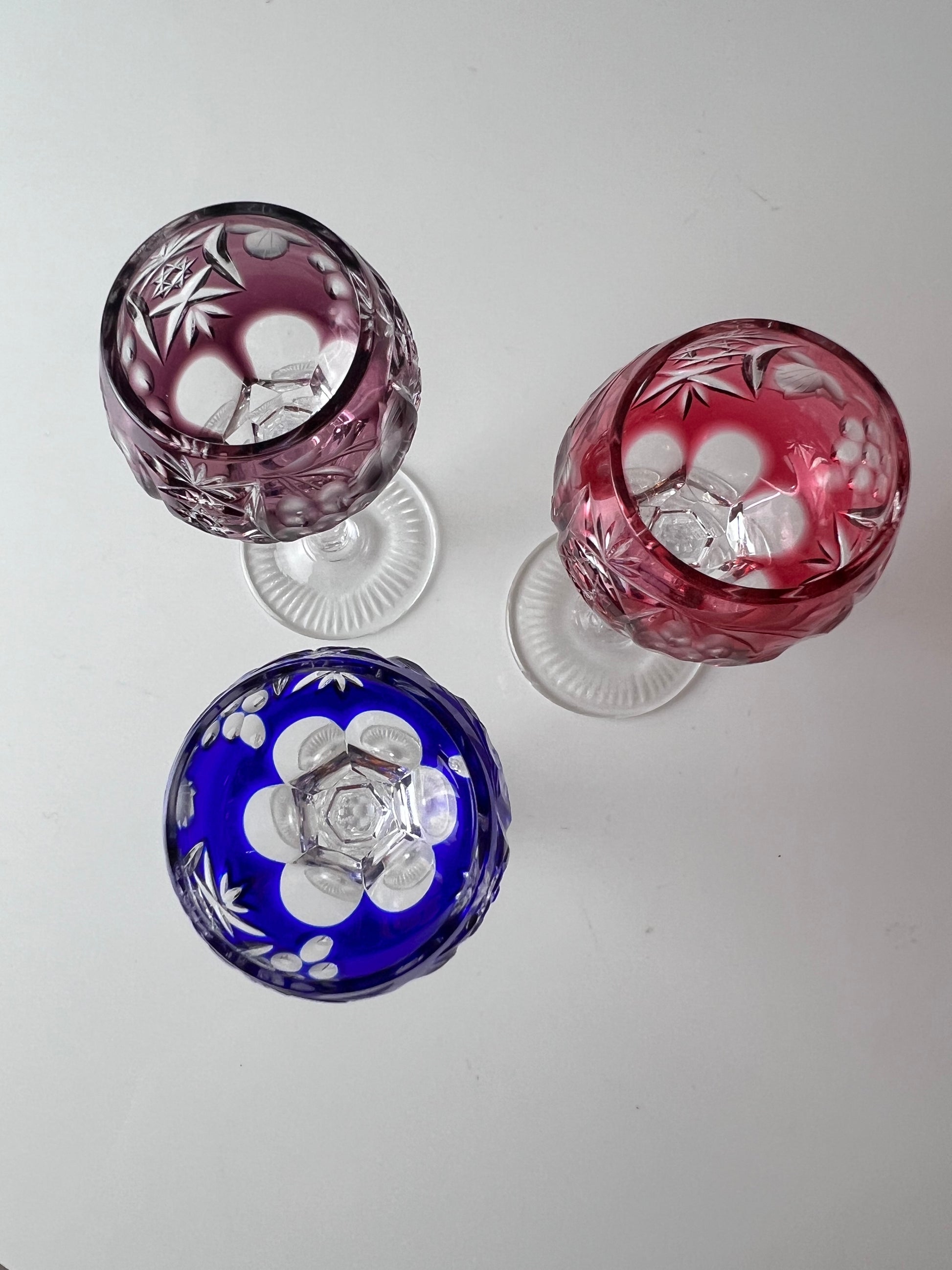 Set: 3x Römer Likörglas blau pink Kristallglas